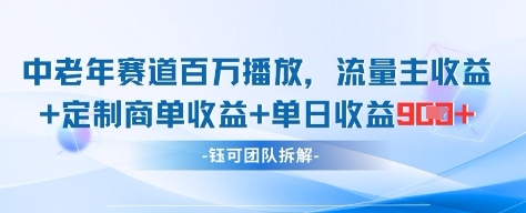 中老年赛道百万播放+流量主收益+定制收益，单日收益9张-橙尔网赚two