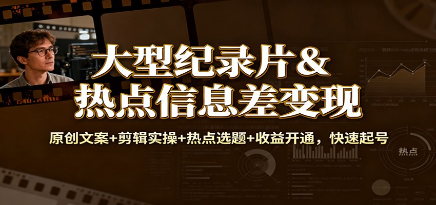 大型纪录片&热点信息差变现：原创文案+剪辑实操+热点选题+收益开通，快速起号-创客前沿