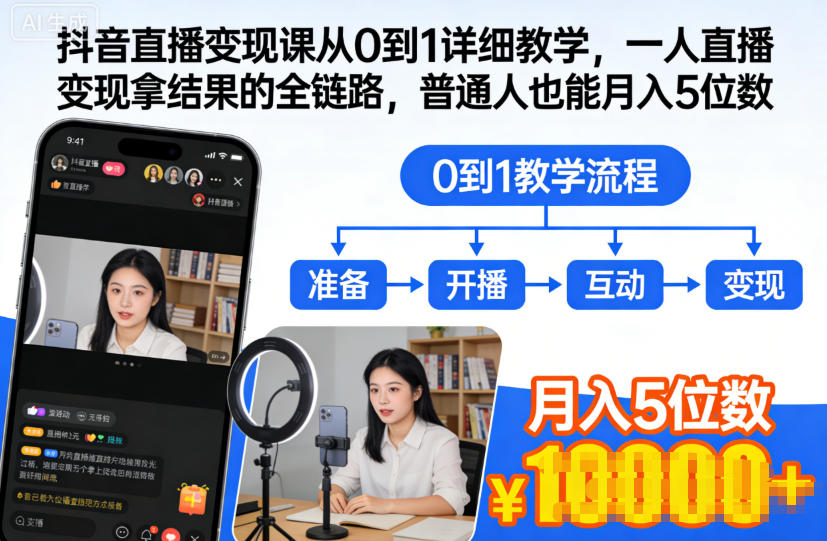 抖音直播变现课从0到1详细教学，一人直播变现拿结果的全链路，普通人也能月入5位数-创客前沿