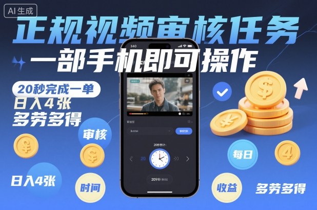 正规视频审核任务，一部手机即可操作，20秒完成一单，日入4张，多劳多得【揭秘】-创客前沿